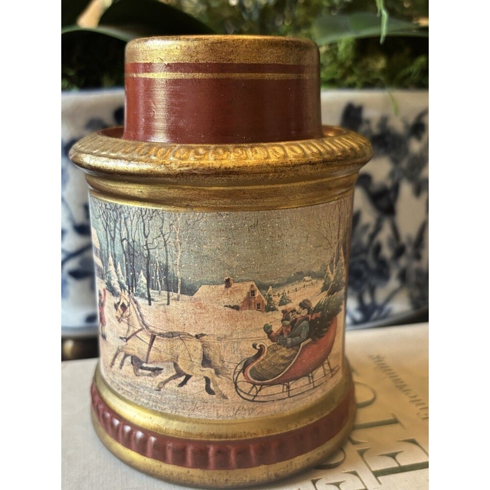Vintage Italian Candle Holder With Winter Horse And Sleigh Scene, Christmas